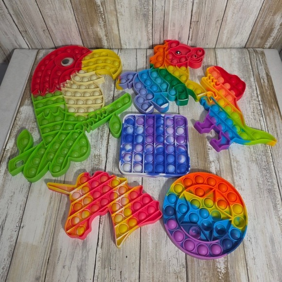Unbranded Other - 6pc Rainbow Pop It Fidget Toy Set Silicone Sensory Toys Unicorn Dinosaur Parrot